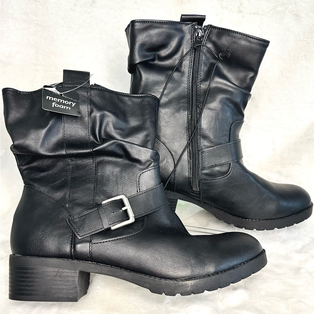 Arizona Jeans Co. Black Faux Leather Moto Boots Size 11 NIB